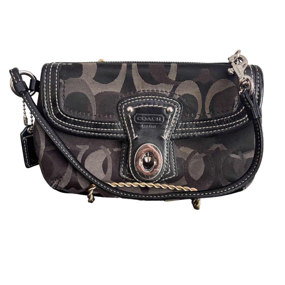 Coach Signature Jacquard Wristlet Black Grey Monogram Turnlock FLAW
